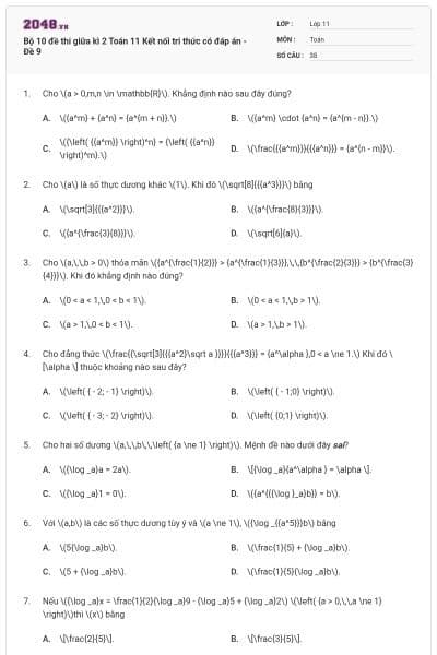 Bộ 10 đề thi giữa kì 2 Toán 11 Kết nối tri thức có đáp án - Đề 9