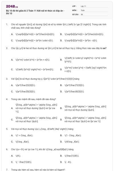 Bộ 10 đề thi giữa kì 2 Toán 11 Kết nối tri thức có đáp án - Đề 10