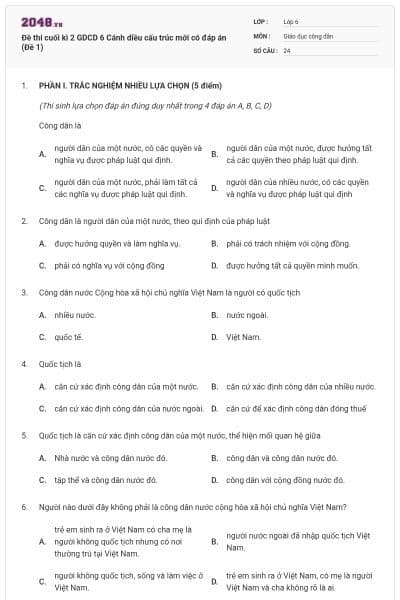 Đề thi cuối kì 2 GDCD 6 Cánh diều cấu trúc mới có đáp án (Đề 1)