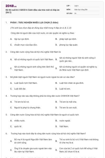 Đề thi cuối kì 2 GDCD 6 Cánh diều cấu trúc mới có đáp án (Đề 2)