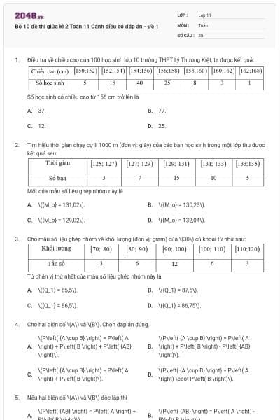Bộ 10 đề thi giữa kì 2 Toán 11 Cánh diều có đáp án - Đề 1