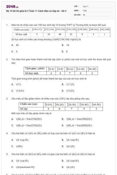 Bộ 10 đề thi giữa kì 2 Toán 11 Cánh diều có đáp án - Đề 3