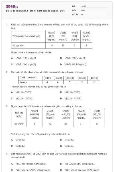 Bộ 10 đề thi giữa kì 2 Toán 11 Cánh diều có đáp án - Đề 4
