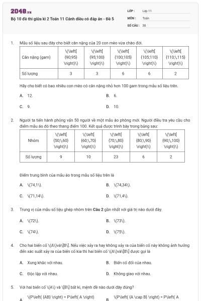 Bộ 10 đề thi giữa kì 2 Toán 11 Cánh diều có đáp án - Đề 5