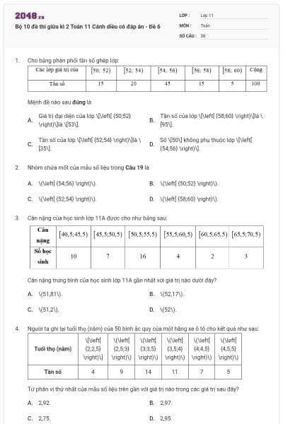 Bộ 10 đề thi giữa kì 2 Toán 11 Cánh diều có đáp án - Đề 6