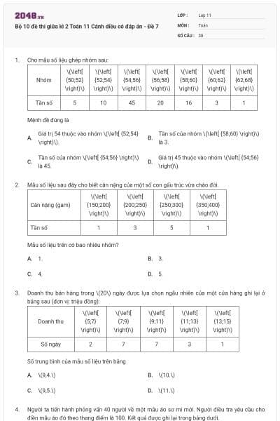 Bộ 10 đề thi giữa kì 2 Toán 11 Cánh diều có đáp án - Đề 7