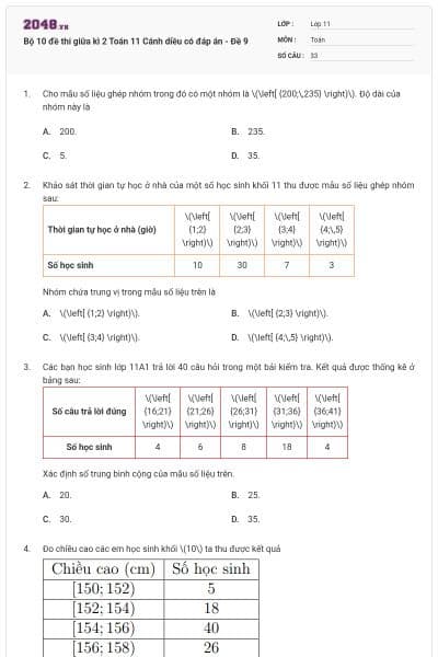 Bộ 10 đề thi giữa kì 2 Toán 11 Cánh diều có đáp án - Đề 9