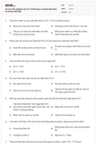 28 câu Trắc nghiệm Lịch sử 12 Khôi phục và phát triển kinh tế-xã hội miền Bắc