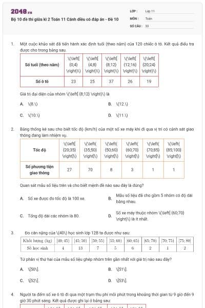 Bộ 10 đề thi giữa kì 2 Toán 11 Cánh diều có đáp án - Đề 10