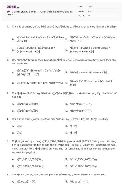 Bộ 10 đề thi giữa kì 2 Toán 11 Chân trời sáng tạo có đáp án - Đề 4