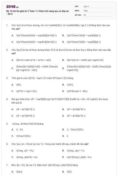 Bộ 10 đề thi giữa kì 2 Toán 11 Chân trời sáng tạo có đáp án - Đề 6