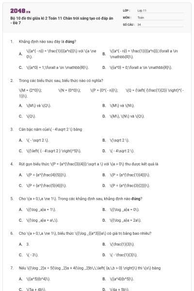 Bộ 10 đề thi giữa kì 2 Toán 11 Chân trời sáng tạo có đáp án - Đề 7