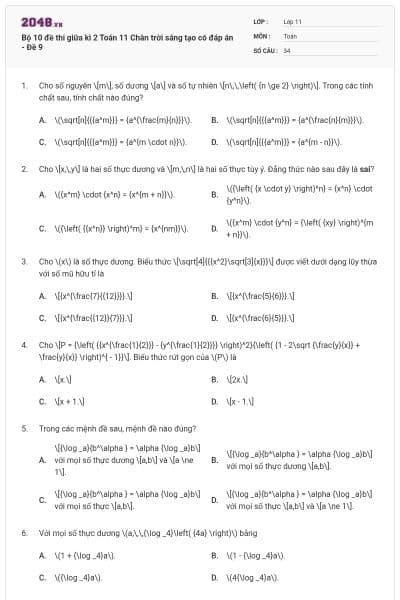 Bộ 10 đề thi giữa kì 2 Toán 11 Chân trời sáng tạo có đáp án - Đề 9