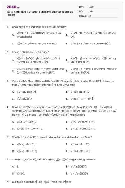 Bộ 10 đề thi giữa kì 2 Toán 11 Chân trời sáng tạo có đáp án - Đề 10