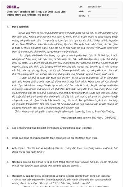 Đề thi thử Tốt nghiệp THPT Ngữ Văn 2025-2026 Liên trường THPT Bắc Ninh lần 1 có đáp án