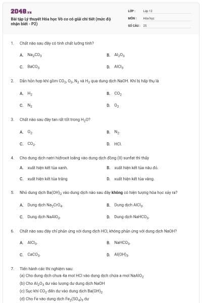 Bài tập Lý thuyết Hóa học Vô cơ có giải chi tiết (mức độ nhận biết - P2)