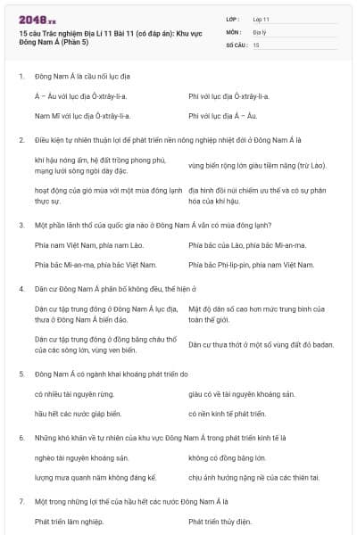 15 câu  Trắc nghiệm Địa Lí 11 Bài 11 (có đáp án): Khu vực Đông Nam Á (Phần 5)