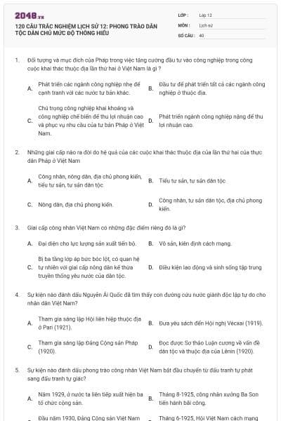 120 CÂU TRẮC NGHIỆM LỊCH SỬ 12: PHONG TRÀO DÂN TỘC DÂN CHỦ MỨC ĐỘ THÔNG HIỂU
