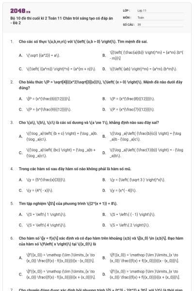 Bộ 10 đề thi cuối kì 2 Toán 11 Chân trời sáng tạo có đáp án - Đề 2