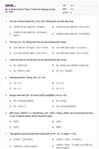 Bộ 10 đề thi Cuối kì 2 Toán 11 Chân trời sáng tạo có đáp án - Đề 5