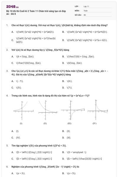 Bộ 10 đề thi Cuối kì 2 Toán 11 Chân trời sáng tạo có đáp án - Đề 8