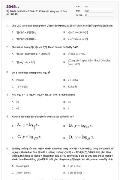 Bộ 10 đề thi Cuối kì 2 Toán 11 Chân trời sáng tạo có đáp án - Đề 10