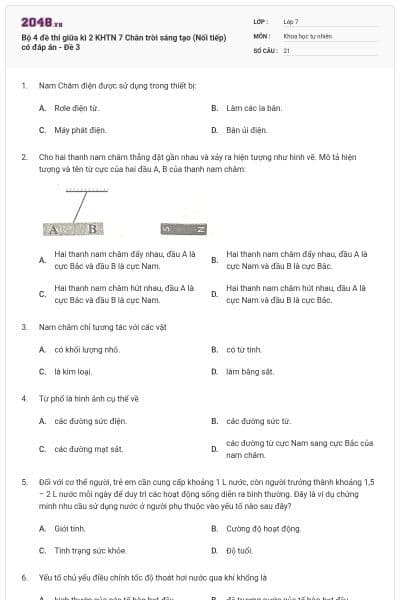 Bộ 4 đề thi giữa kì 2 KHTN 7 Chân trời sáng tạo (Nối tiếp) có đáp án - Đề 3