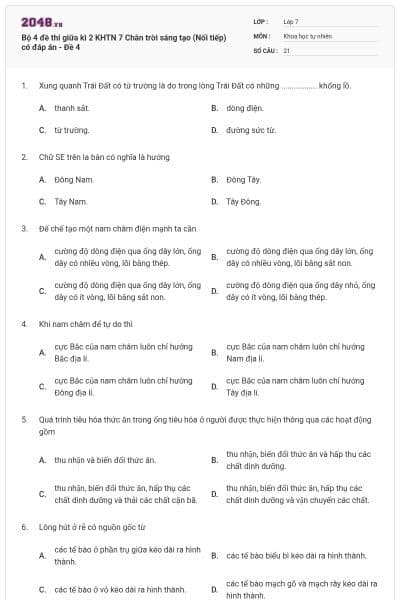 Bộ 4 đề thi giữa kì 2 KHTN 7 Chân trời sáng tạo (Nối tiếp) có đáp án - Đề 4