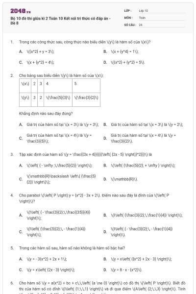 Bộ 10 đề thi giữa kì 2 Toán 10 Kết nối tri thức có đáp án - Đề 8
