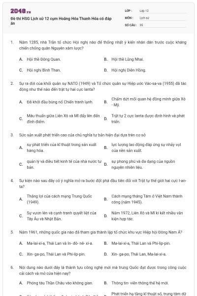 Đề thi HSG Lịch sử 12 cụm Hoằng Hóa Thanh Hóa có đáp án