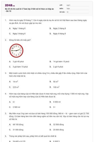 Bộ 25 đề thi cuối kì 2 Toán lớp 3 Kết nối tri thức có đáp án - Đề 10