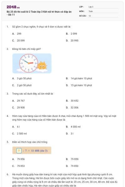 Bộ 25 đề thi cuối kì 2 Toán lớp 3 Kết nối tri thức có đáp án - Đề 11