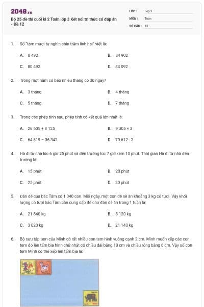 Bộ 25 đề thi cuối kì 2 Toán lớp 3 Kết nối tri thức có đáp án - Đề 12