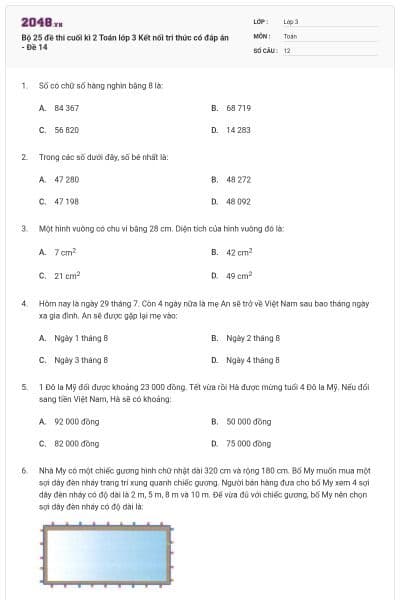 Bộ 25 đề thi cuối kì 2 Toán lớp 3 Kết nối tri thức có đáp án - Đề 14