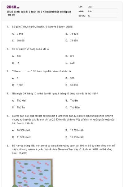 Bộ 25 đề thi cuối kì 2 Toán lớp 3 Kết nối tri thức có đáp án - Đề 15