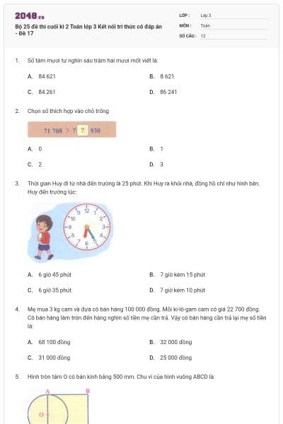 Bộ 25 đề thi cuối kì 2 Toán lớp 3 Kết nối tri thức có đáp án - Đề 17