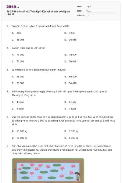 Bộ 25 đề thi cuối kì 2 Toán lớp 3 Kết nối tri thức có đáp án - Đề 18