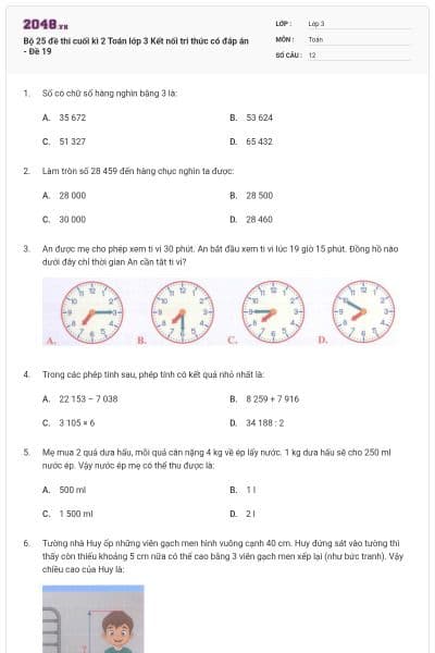 Bộ 25 đề thi cuối kì 2 Toán lớp 3 Kết nối tri thức có đáp án - Đề 19