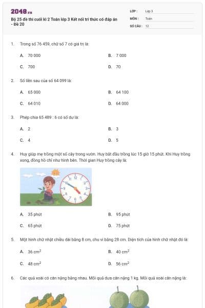 Bộ 25 đề thi cuối kì 2 Toán lớp 3 Kết nối tri thức có đáp án - Đề 20