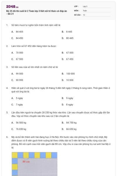 Bộ 25 đề thi cuối kì 2 Toán lớp 3 Kết nối tri thức có đáp án - Đề 21