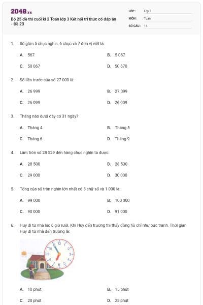 Bộ 25 đề thi cuối kì 2 Toán lớp 3 Kết nối tri thức có đáp án - Đề 23