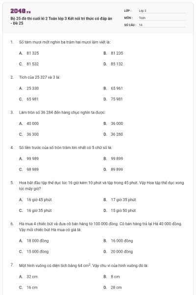 Bộ 25 đề thi cuối kì 2 Toán lớp 3 Kết nối tri thức có đáp án - Đề 25