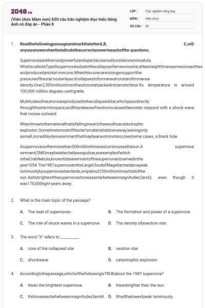 (Viên chức Mầm non) 650 câu trắc nghiệm Đọc hiểu tiếng Anh có đáp án - Phần 8