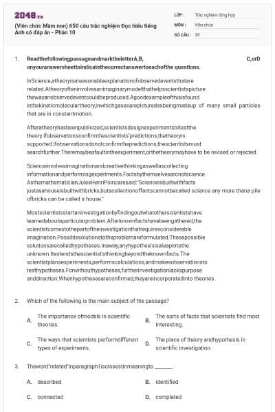 (Viên chức Mầm non) 650 câu trắc nghiệm Đọc hiểu tiếng Anh có đáp án - Phần 10