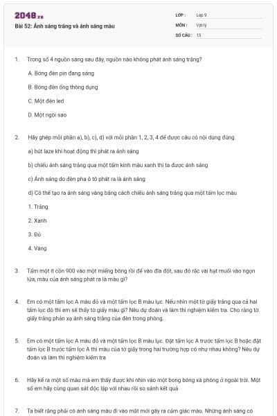 Bài 52: Ánh sáng trắng và ánh sáng màu