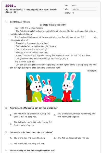 Bộ 10 đề thi cuối kì 1 Tiếng Việt lớp 2 Kết nối tri thức có đáp án - Đề 1