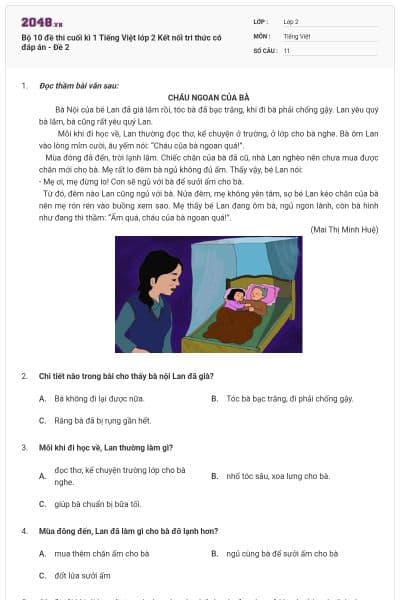 Bộ 10 đề thi cuối kì 1 Tiếng Việt lớp 2 Kết nối tri thức có đáp án - Đề 2