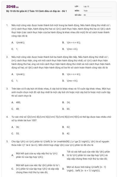 Bộ 10 đề thi giữa kì 2 Toán 10 Cánh diều có đáp án - Đề 1