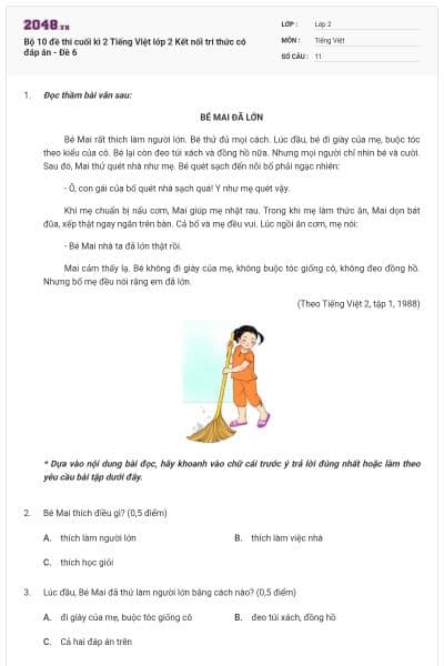 Bộ 10 đề thi cuối kì 2 Tiếng Việt lớp 2 Kết nối tri thức có đáp án - Đề 6