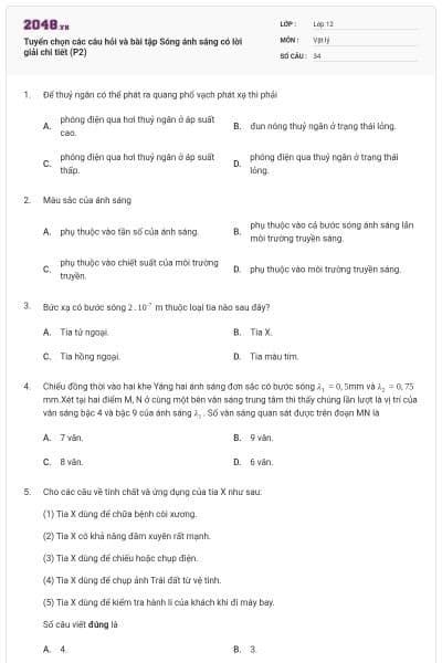 Tuyển chọn các câu hỏi và bài tập Sóng ánh sáng có lời giải chi tiết (P2)